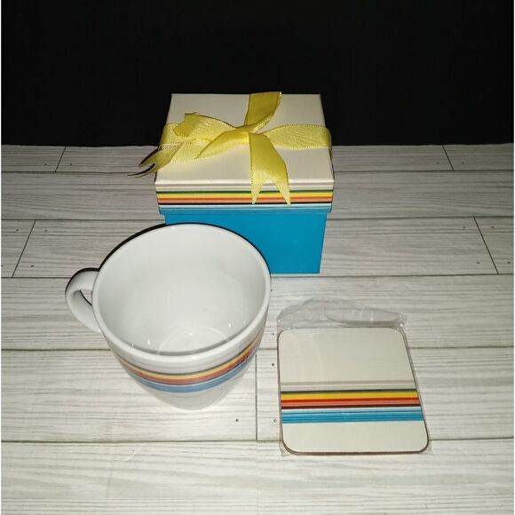 Bed Bath and Beyond Rainbow Striped Coffee Tea Mug Cup in Gift Box - Picture 1 of 9